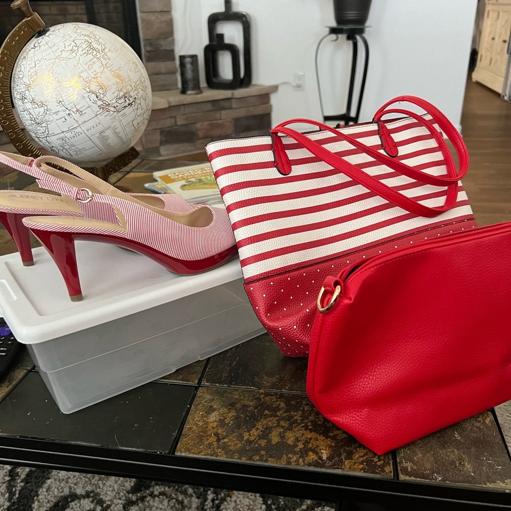 Red Pin Stripe Heels With Matching 2 In 1 Purse - image 4